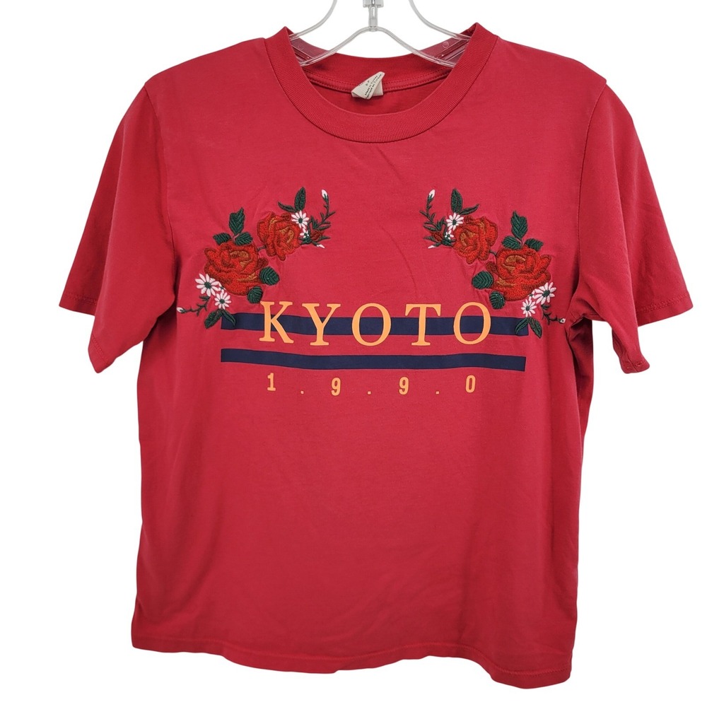 VTG Urban Outfitters Kyoto 1990 Embroidered Rose Daisy Red T-Shirt Womens Small